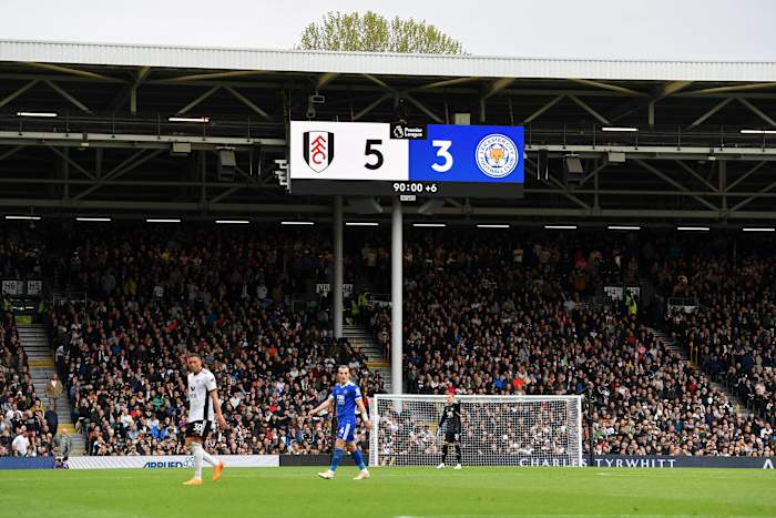 The scoreboard at Craven Cottage pictured in May 2023 during Fulham's 5-3 win over Leicester City
